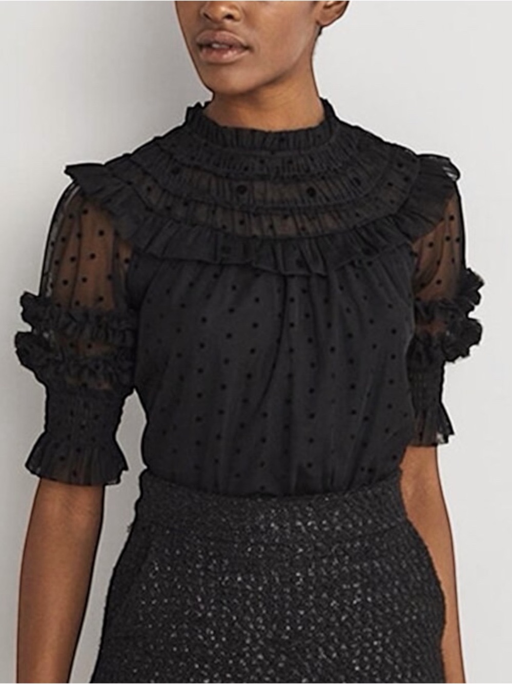 NEW Boden Tulle Black Polka Dot Sheer Ruffle High-Neck Blouse US Women’s Size 4